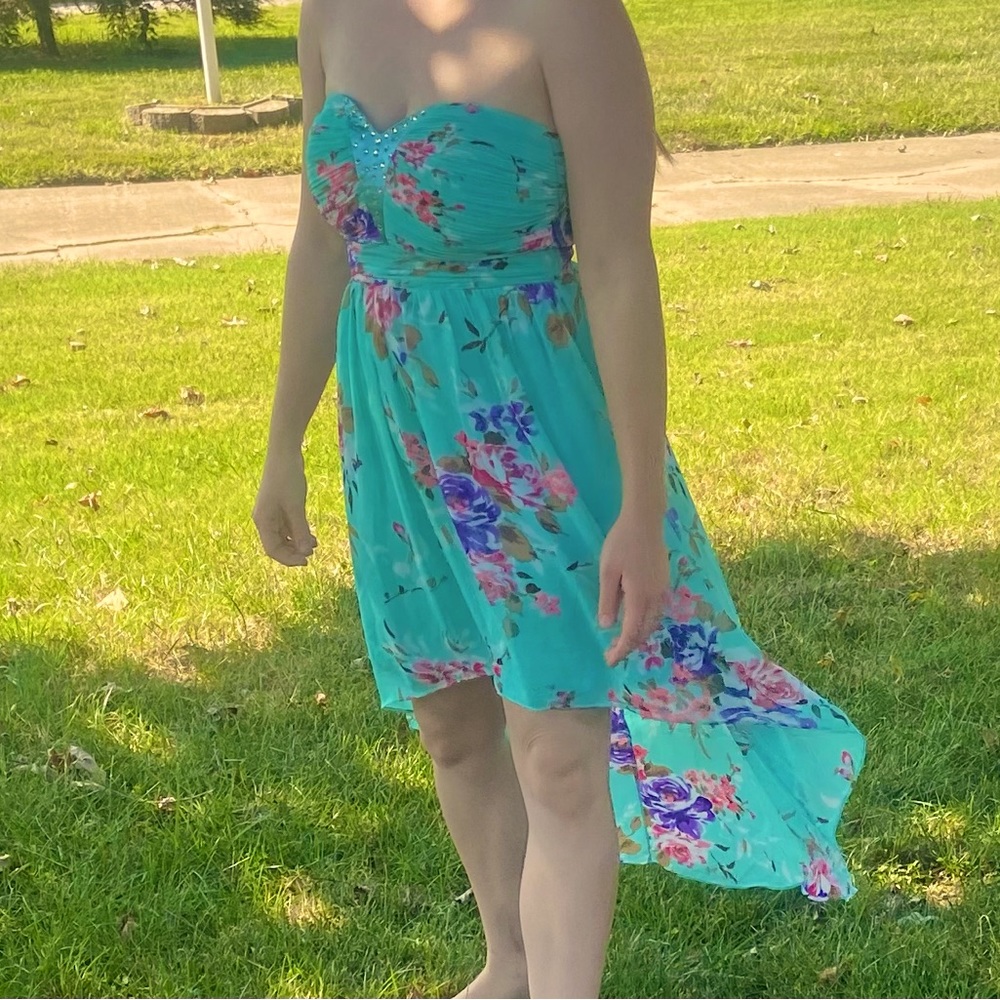 Sleeveless high low aqua blue women’s dress with rhinestones, size small